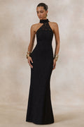 Almaria | Robe longue noire en dentelle à encolure asymétrique avec détail col