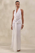 Rosetide | Robe Longue Blanche à Encolure Drapée Détails Froncés et Écharpe