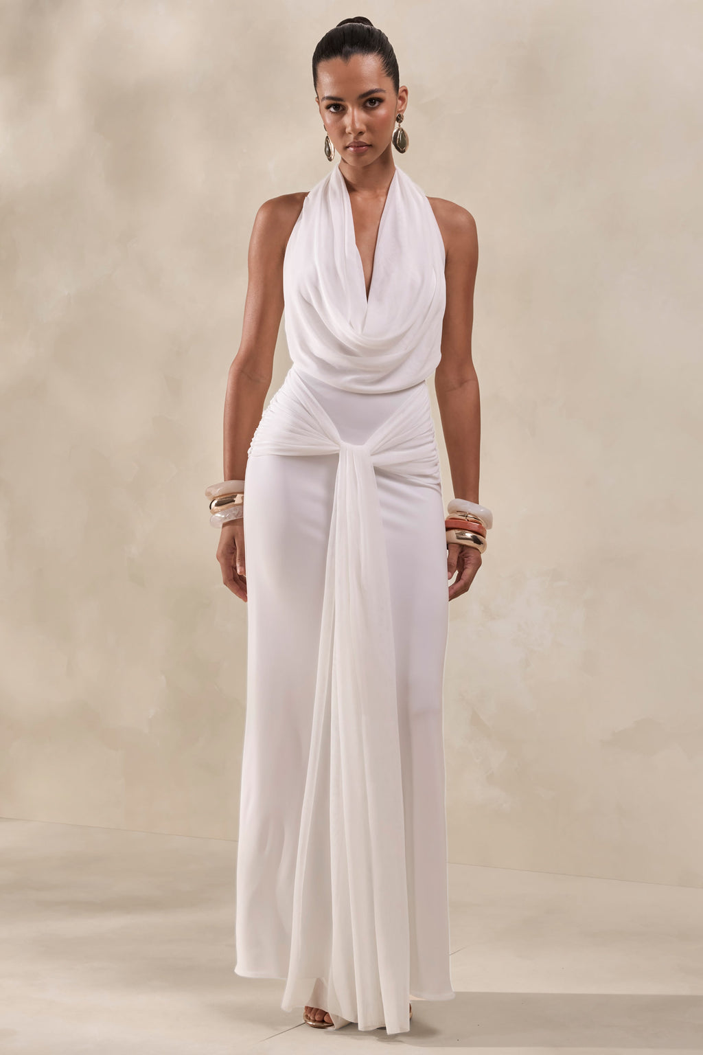 Rosetide | Robe Longue Blanche à Encolure Drapée Détails Froncés et Écharpe