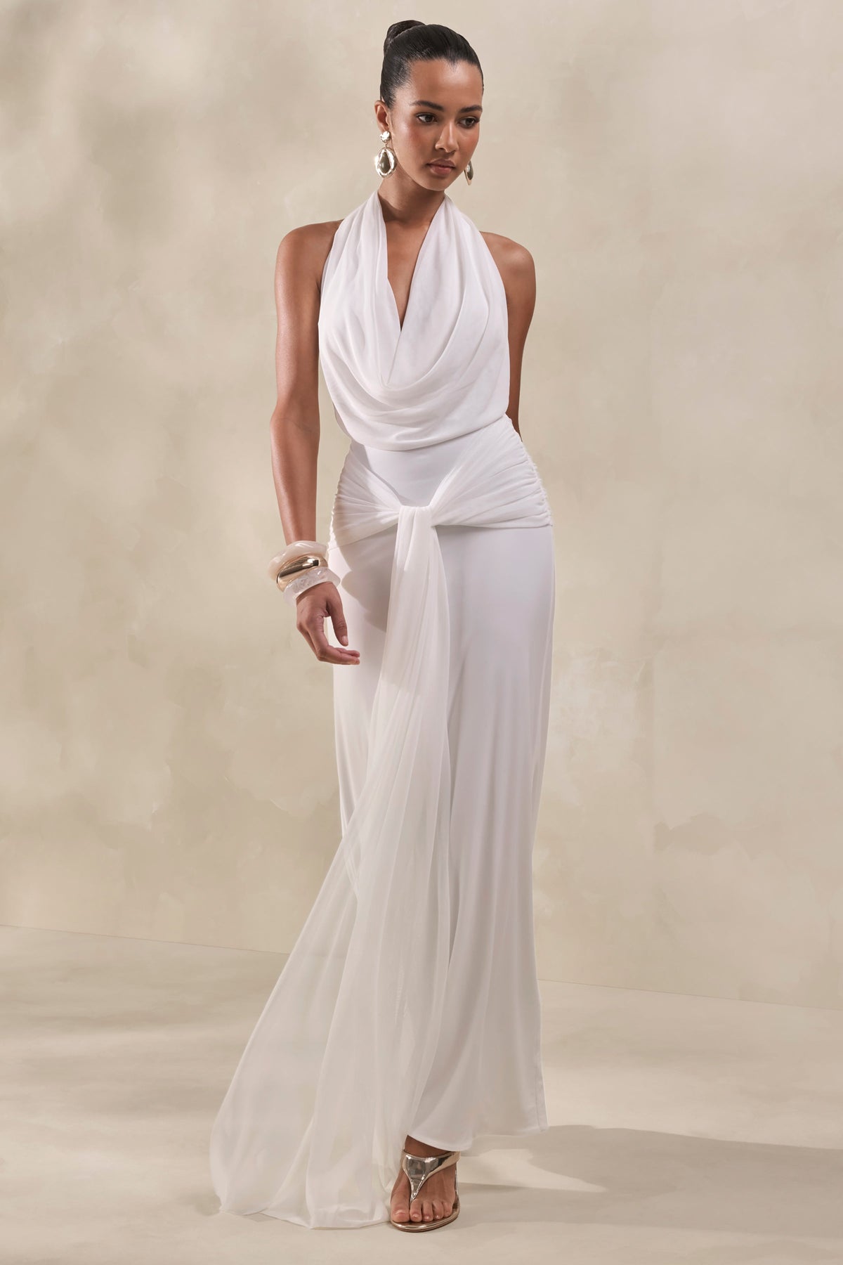 Rosetide | Robe Longue Blanche à Encolure Drapée Détails Froncés et Écharpe