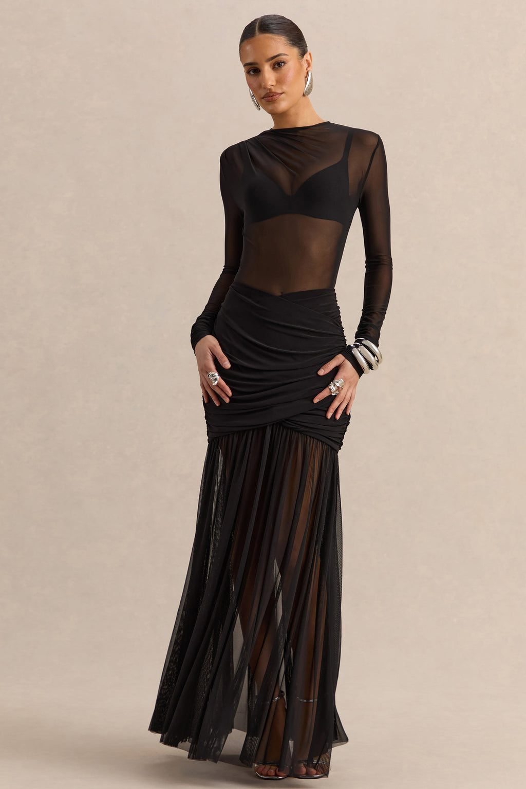 Kallie | Jupe longue noire en mesh à taille torsadée