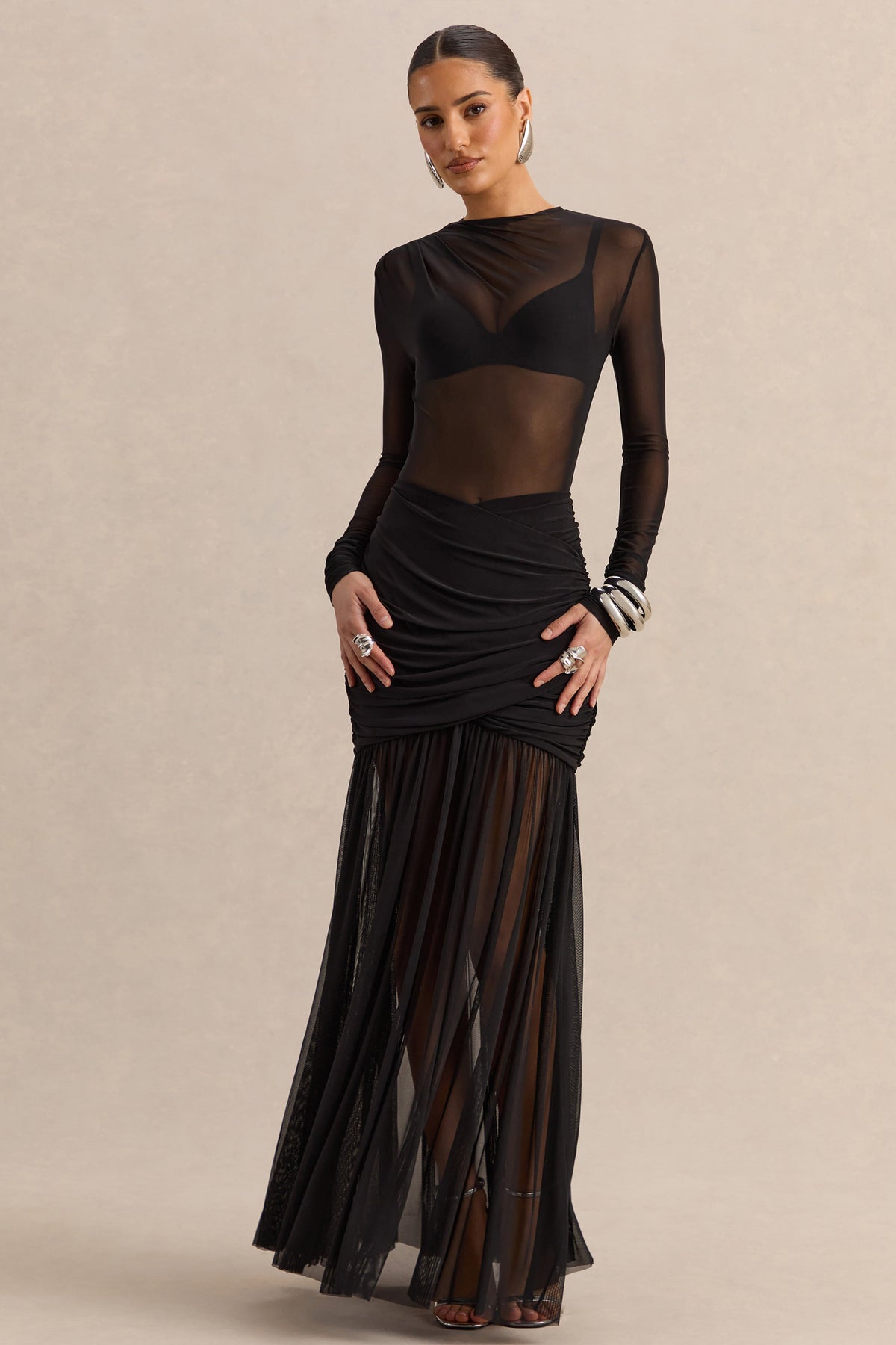 Kallie | Jupe longue noire en mesh à taille torsadée
