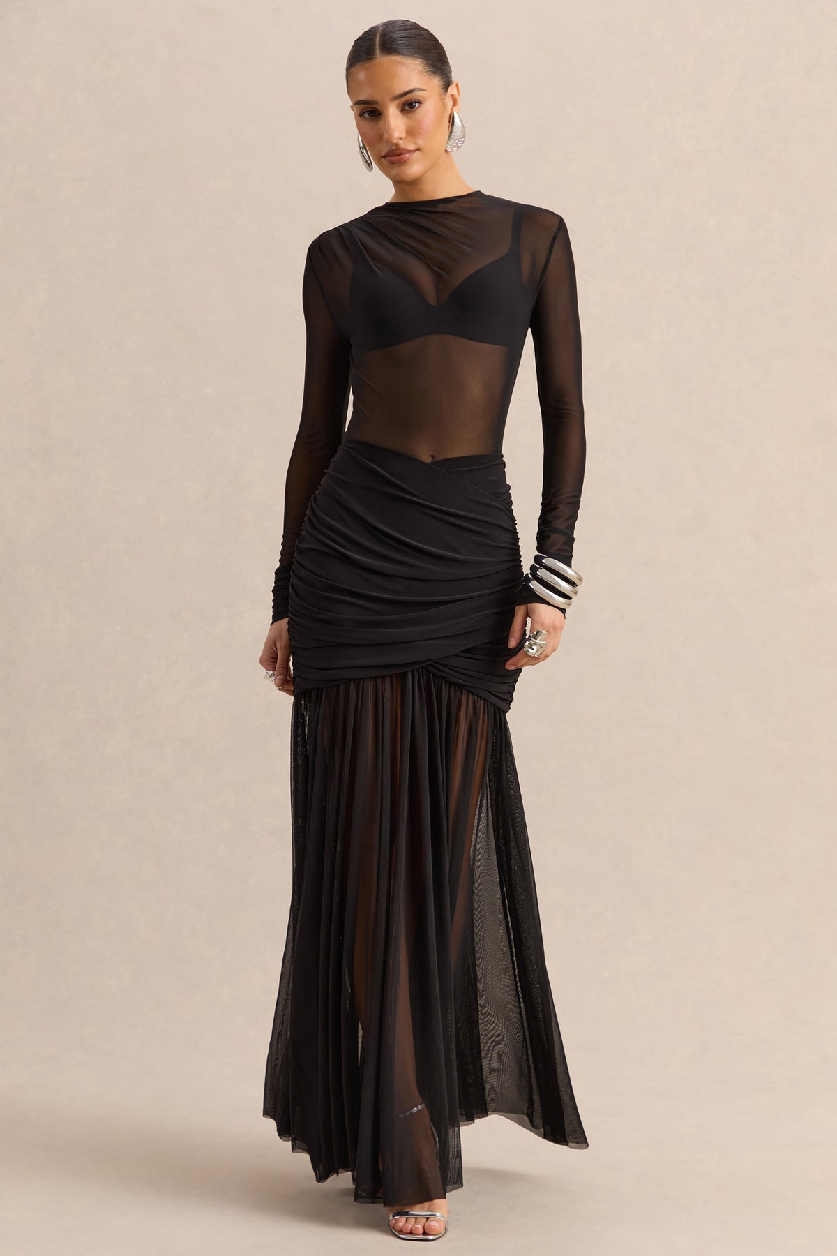 Kallie | Jupe longue noire en mesh à taille torsadée