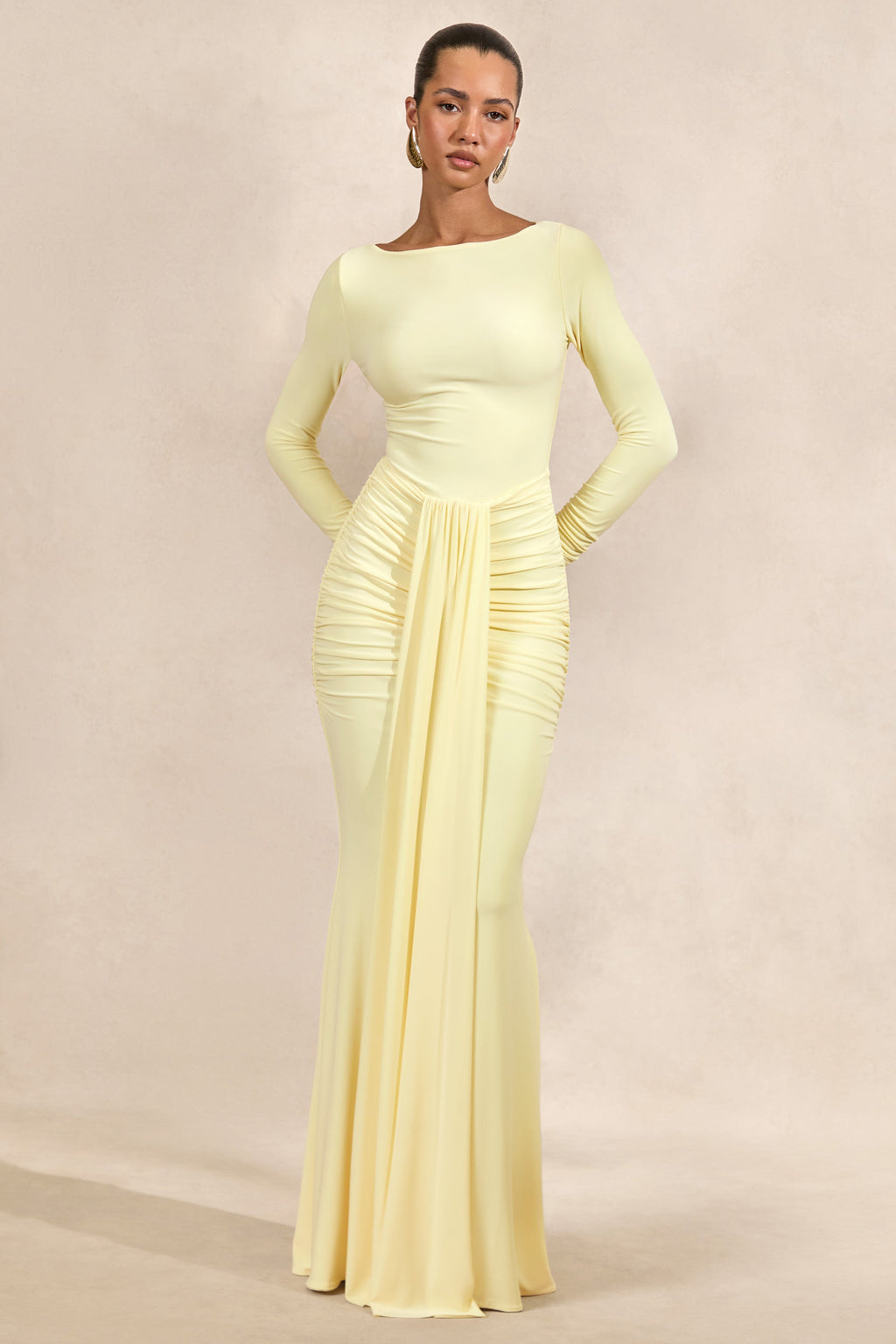 Liatris | Robe longue jaune citron à encolure large avec détails froncés