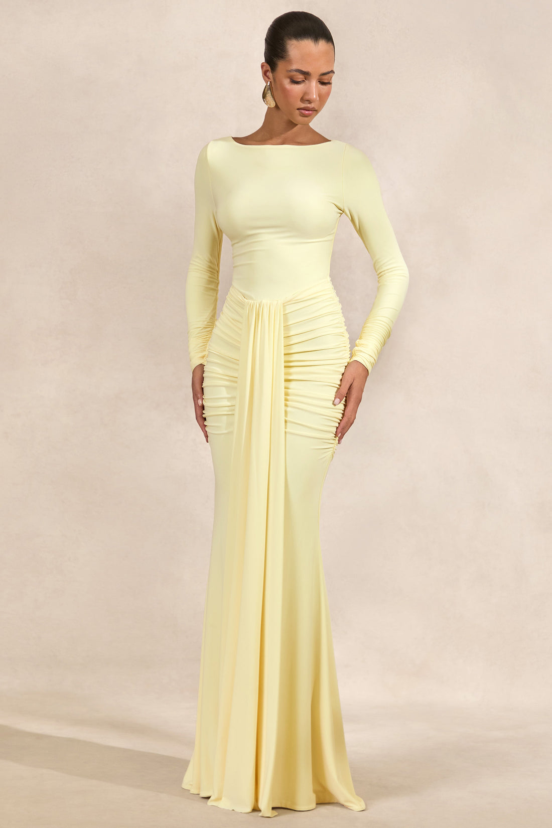 Liatris | Robe longue jaune citron à encolure large avec détails froncés