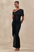 Esalina | Robe Longue Noire à Col Asymétrique Avec Ceinture