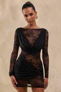Olaria | Mini-robe noire en dentelle à encolure Bardot avec détails froncés