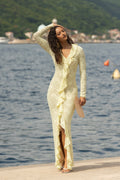 Exelia | Robe Longue Jaune Citron en Dentelle à Décolleté Plongeant et Manches Longues