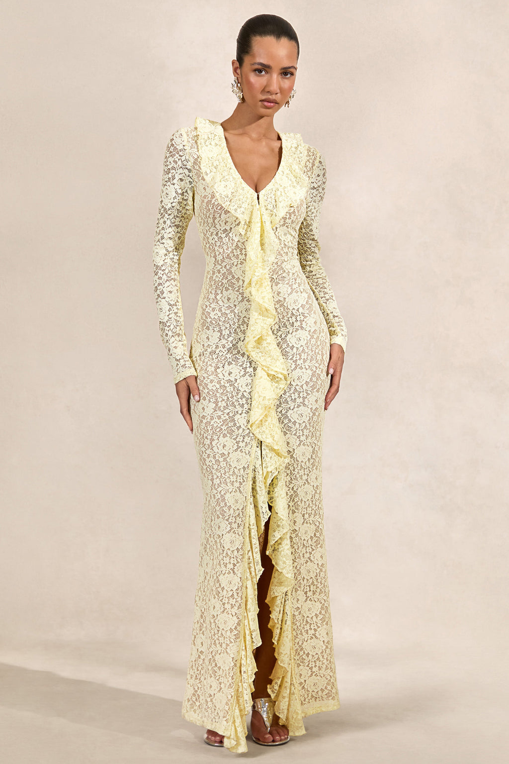 Exelia | Robe Longue Jaune Citron en Dentelle à Décolleté Plongeant et Manches Longues