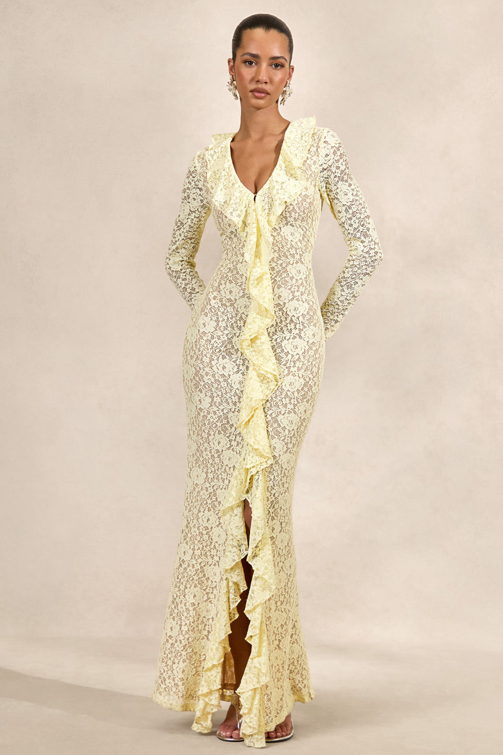 Exelia | Robe Longue Jaune Citron en Dentelle à Décolleté Plongeant et Manches Longues