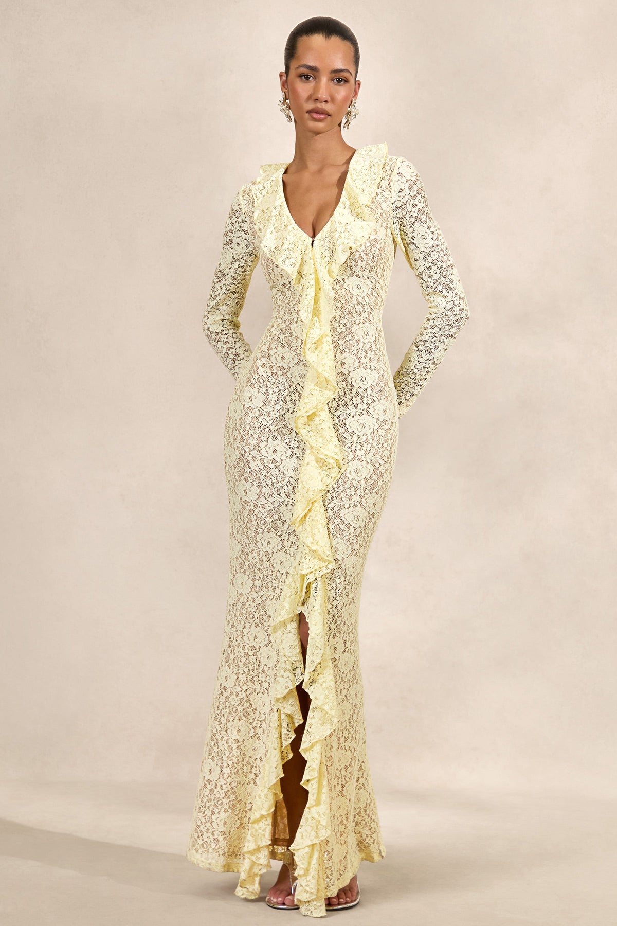Exelia | Robe Longue Jaune Citron en Dentelle à Décolleté Plongeant et Manches Longues