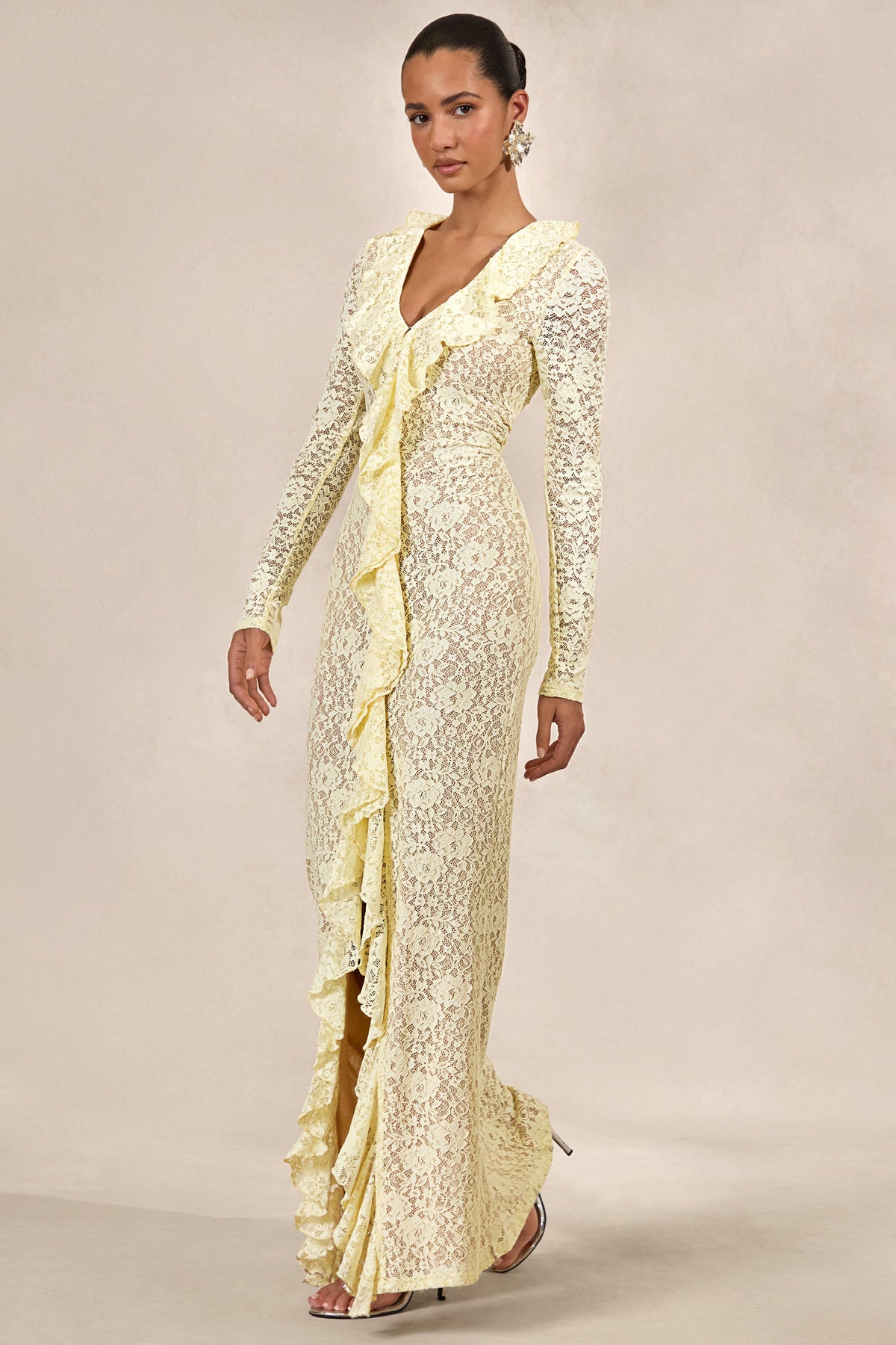 Exelia | Robe Longue Jaune Citron en Dentelle à Décolleté Plongeant et Manches Longues