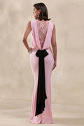 Elladine | Robe Longue Rose à Col Rond Avec Dos en Dentelle et Nœud au Dos