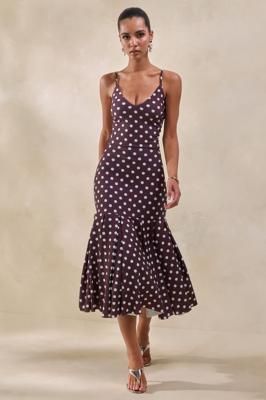 Masie | Jupe mi-longue marron à pois en mesh avec taille basse cintrée