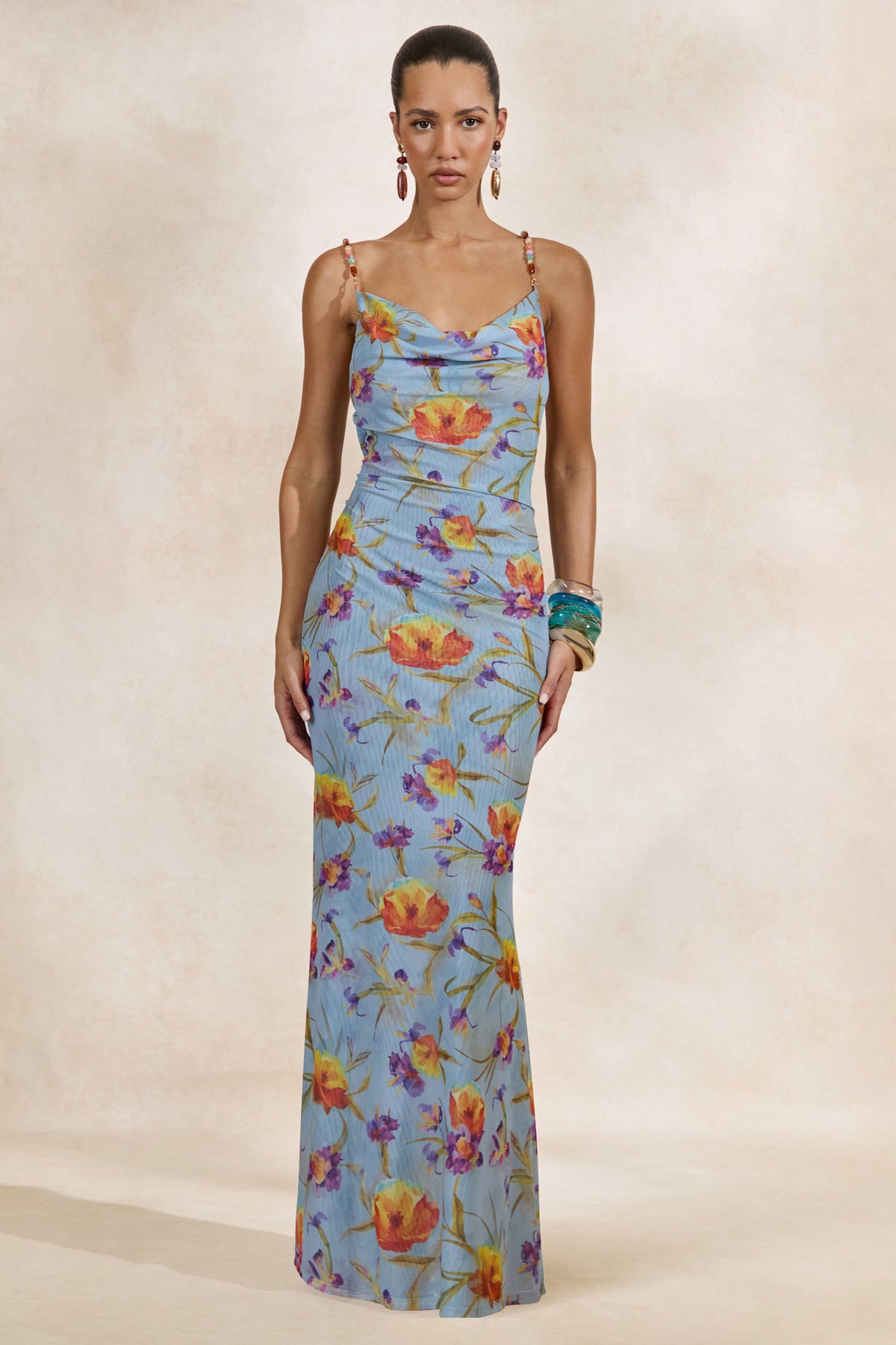Raisa | Robe Longue à Encolure Drapée en Maille à Imprimé Floral Bleu