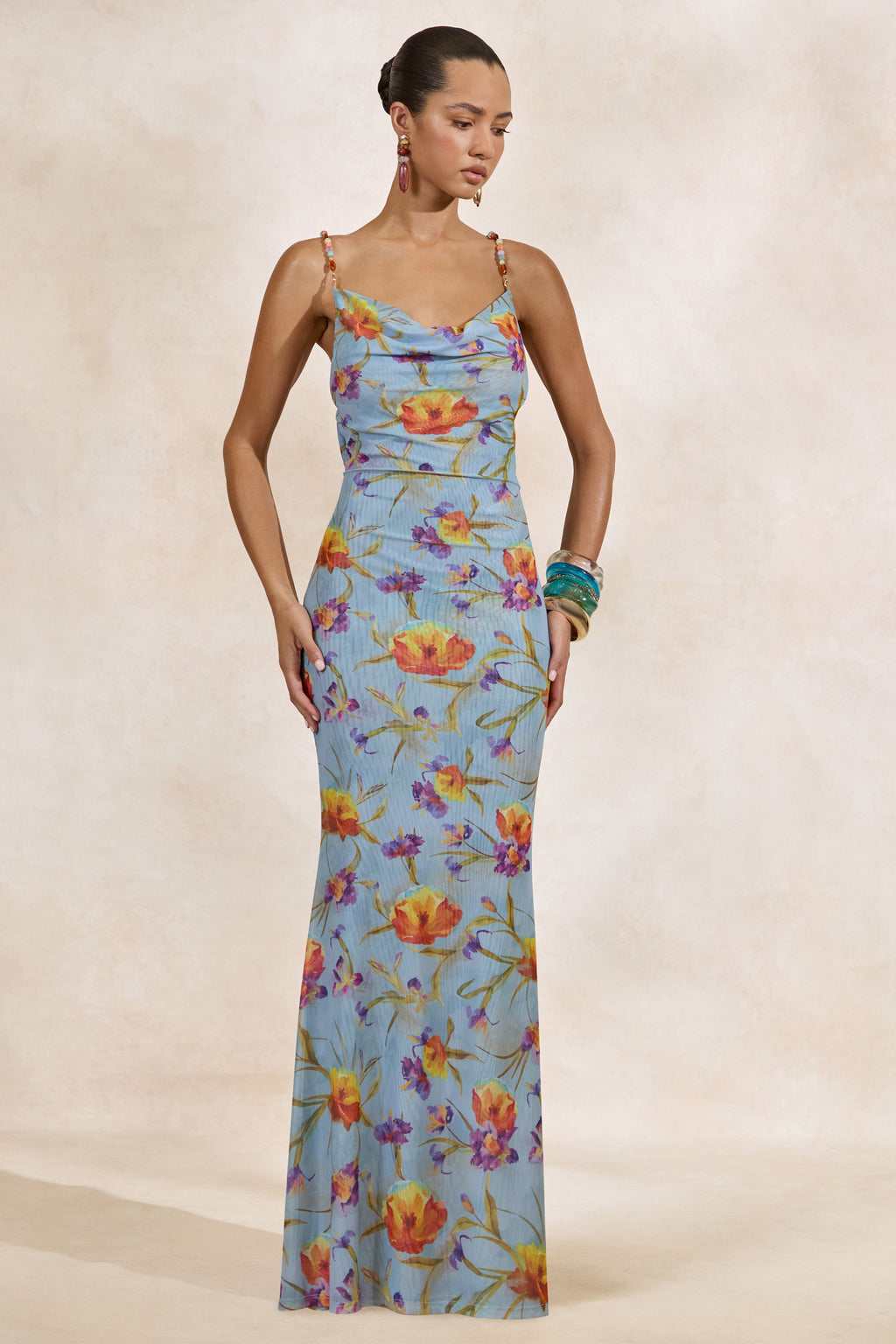 Raisa | Robe Longue à Encolure Drapée en Maille à Imprimé Floral Bleu