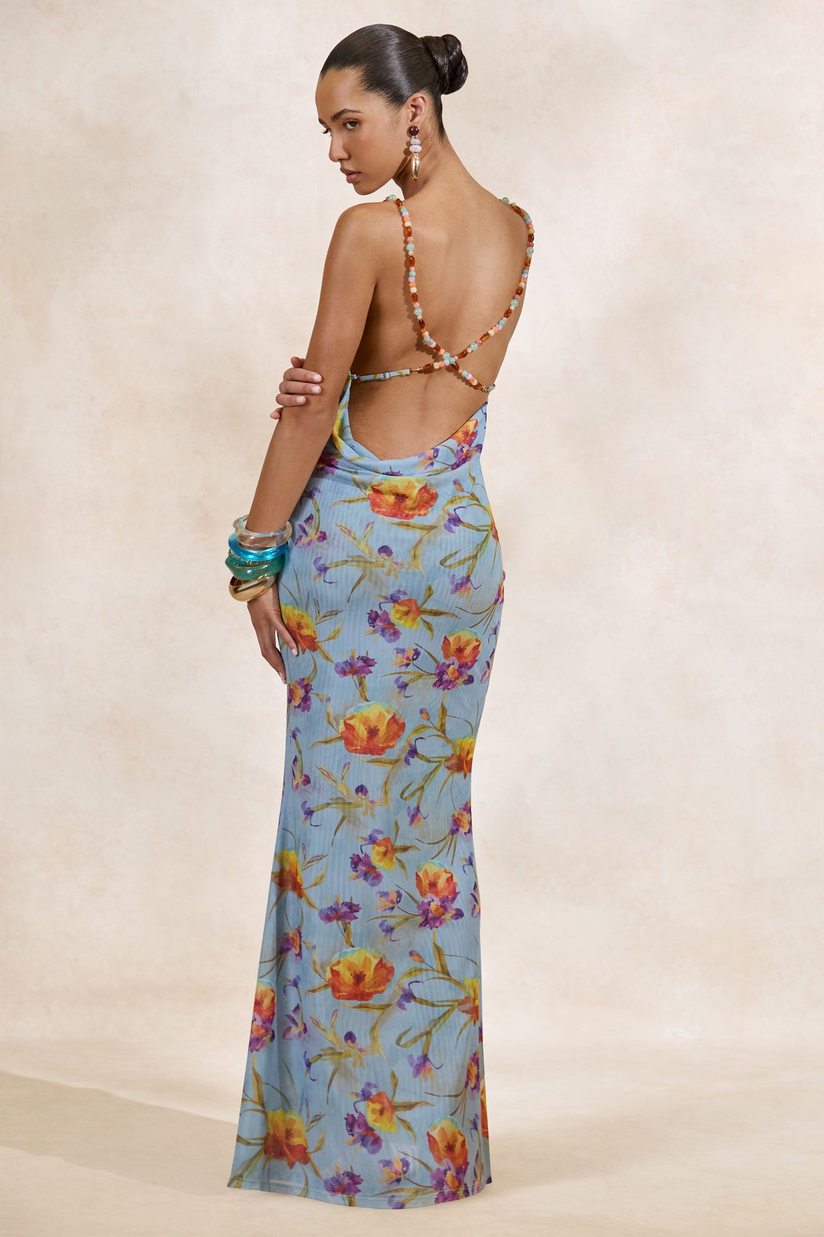 Raisa | Robe Longue à Encolure Drapée en Maille à Imprimé Floral Bleu