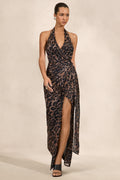 Anwen | Robe longue en mesh à imprimé léopard à décolleté en V avec haute fente sur le devant