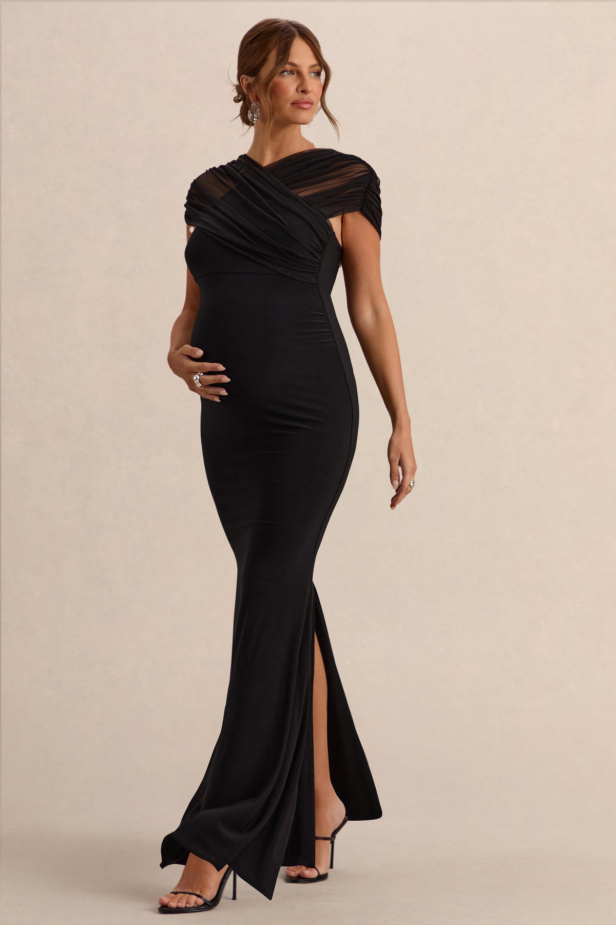 Elin | Robe longue de maternité noire à encolure Bardot