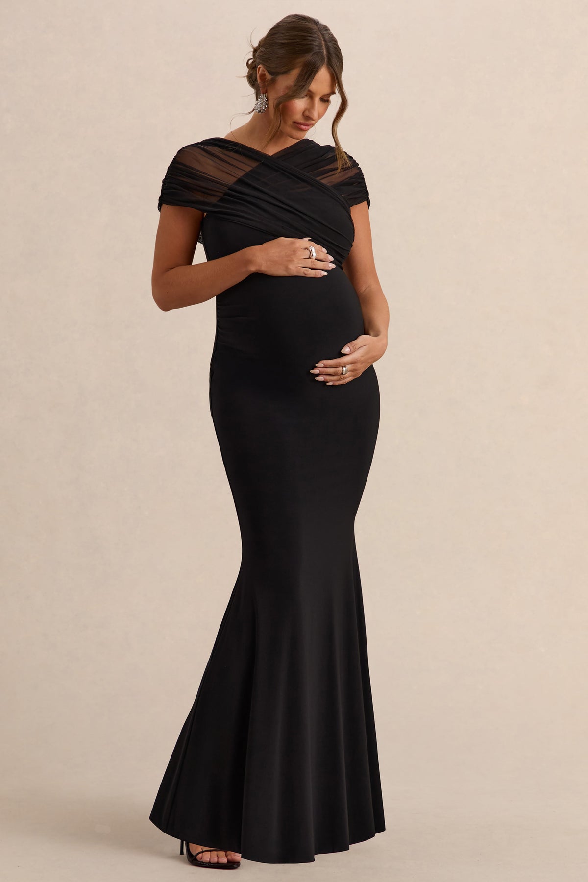Elin | Robe longue de maternité noire à encolure Bardot