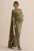 Annelia | Robe longue de maternité olive à encolure haute avec détail de ceinture