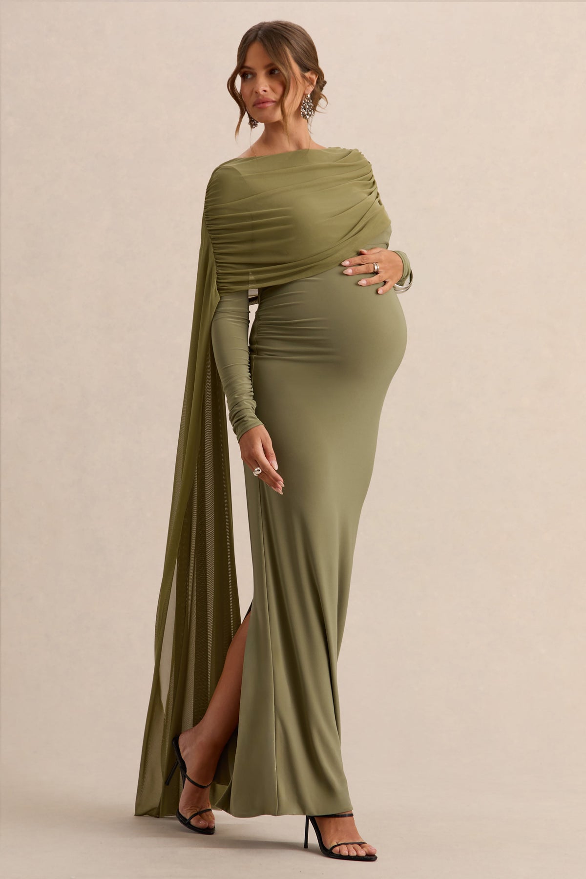 Annelia | Robe longue de maternité olive à encolure haute avec détail de ceinture