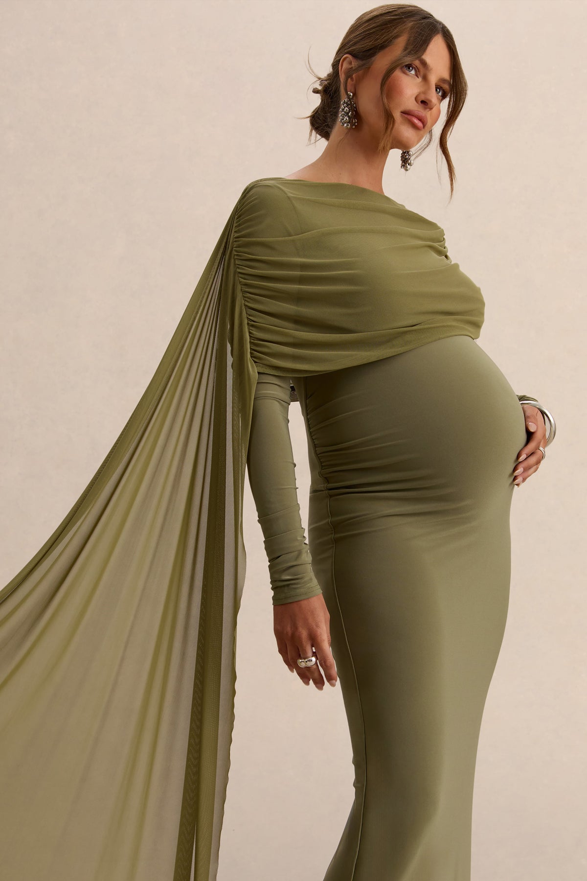Annelia | Robe longue de maternité olive à encolure haute avec détail de ceinture