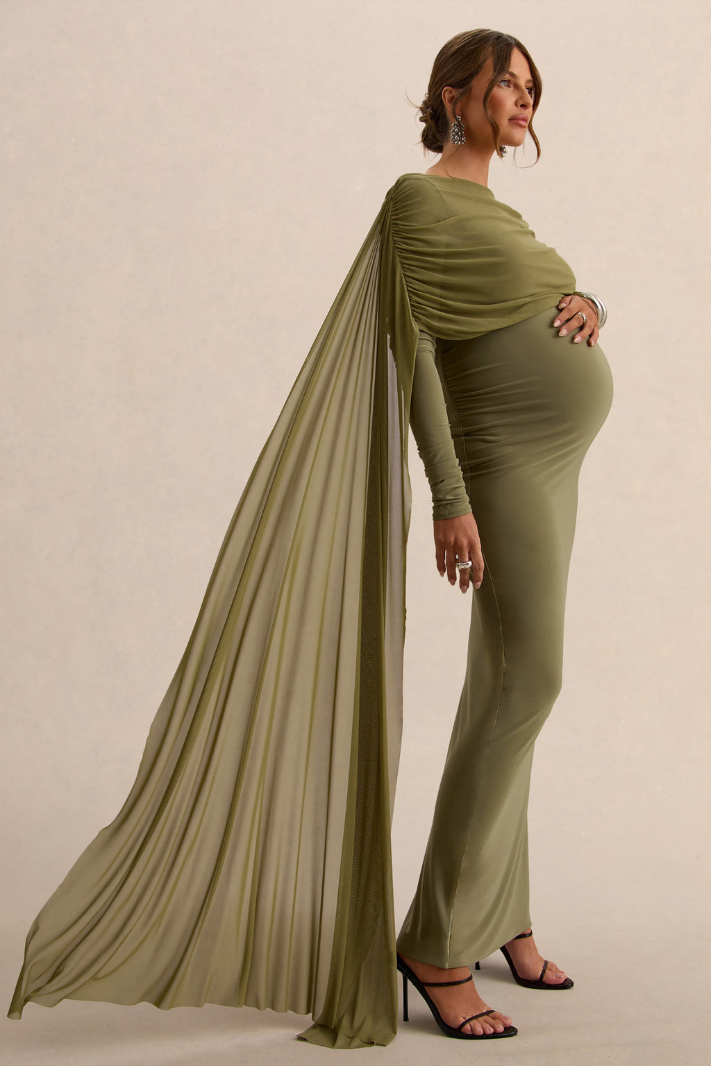 Annelia | Robe longue de maternité olive à encolure haute avec détail de ceinture