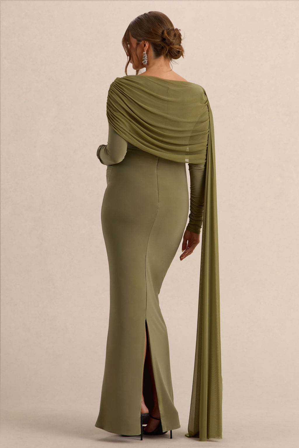 Annelia | Robe longue de maternité olive à encolure haute avec détail de ceinture