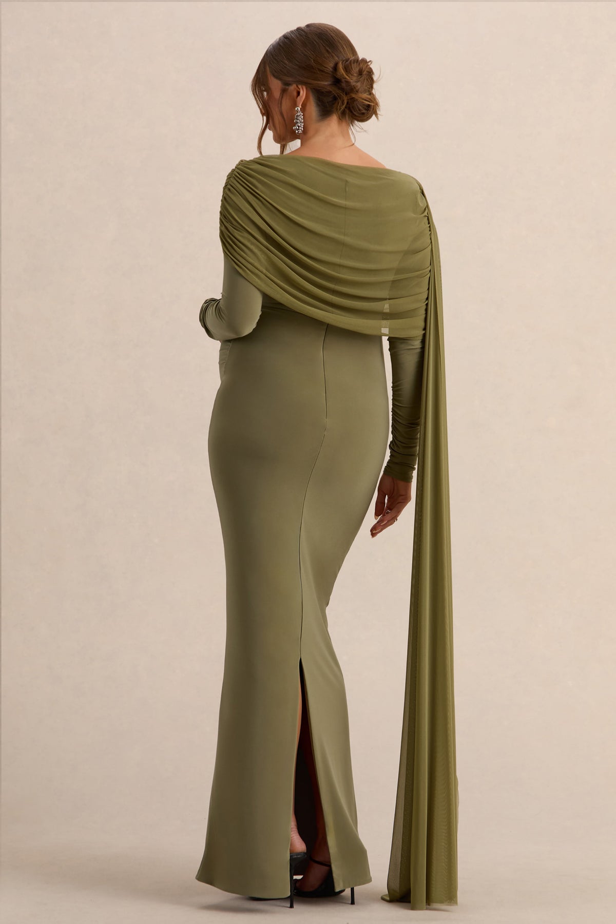 Annelia | Robe longue de maternité olive à encolure haute avec détail de ceinture