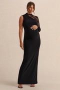 Hartley | Robe Longue de Maternité Noire à Col Montant et Détails en Dentelle