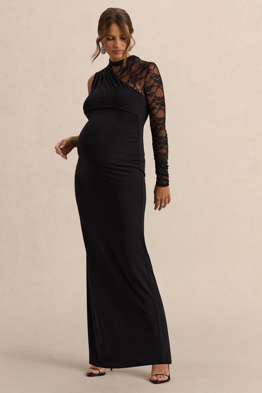 Hartley | Robe Longue de Maternité Noire à Col Montant et Détails en Dentelle
