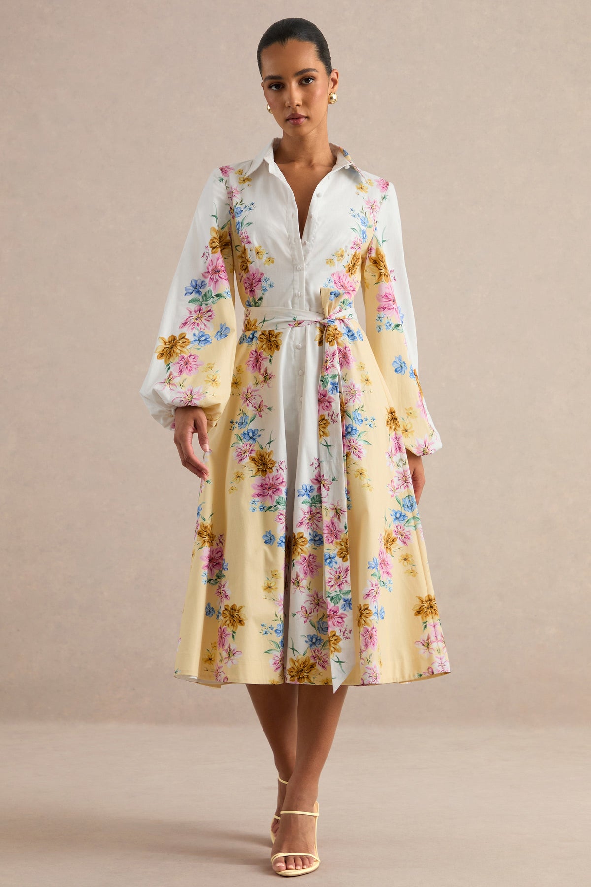 Moira | Robe mi-longue à imprimé floral jaune citron et manches cloche