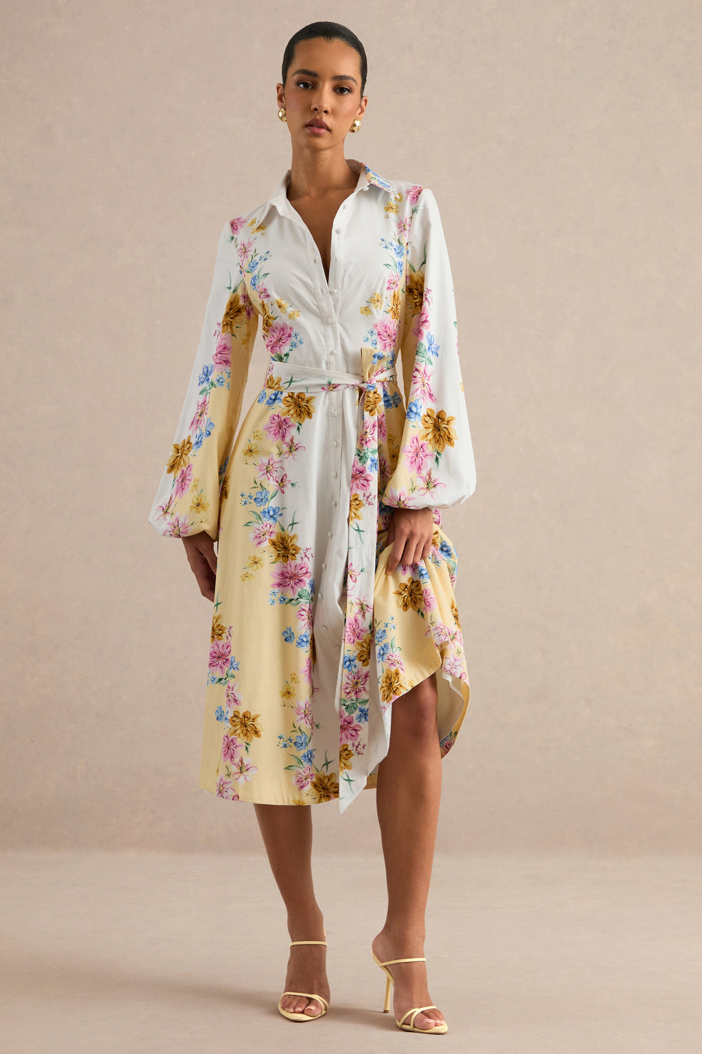 Moira | Robe mi-longue à imprimé floral jaune citron et manches cloche
