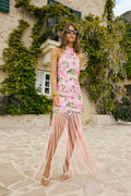 Lerisa | Robe longue à franges en dentelle à imprimé floral rose à encolure halter