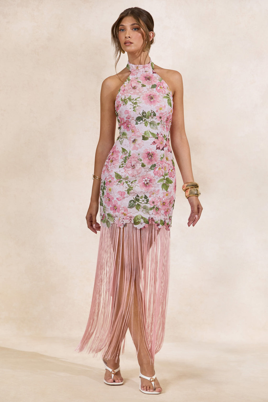 Lerisa | Robe longue à franges en dentelle à imprimé floral rose à encolure halter