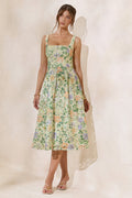 Lorielle | Robe mi-longue en dentelle à imprimé floral citron et encolure carrée