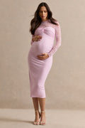 Darina | Robe Mi-longue de Grossesse Rose Clair à Col Rond avec Panneau en Dentelle