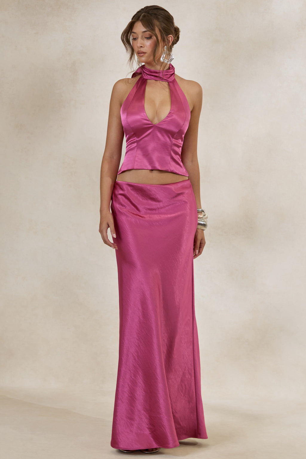 Lareina | Jupe longue en satin rose fuchsia