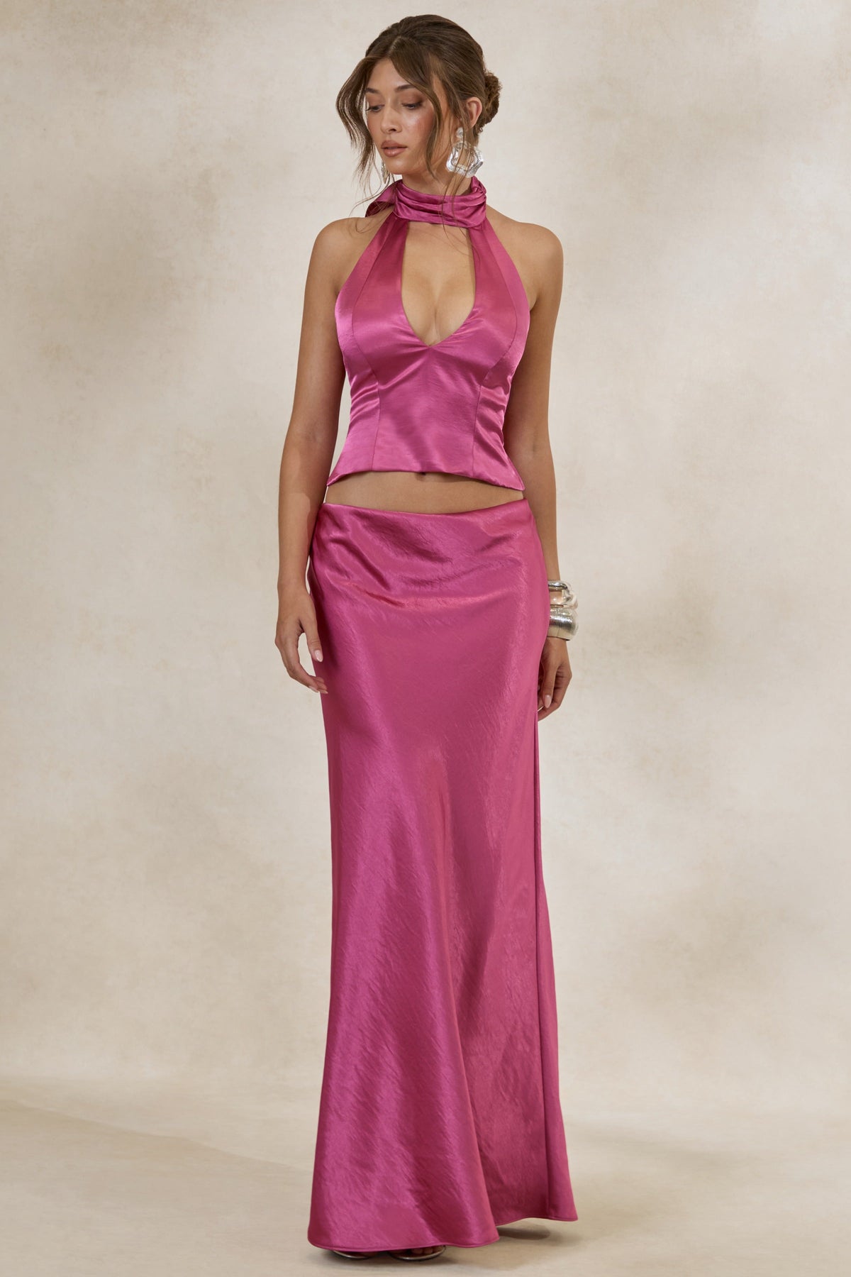 Lareina | Jupe longue en satin rose fuchsia