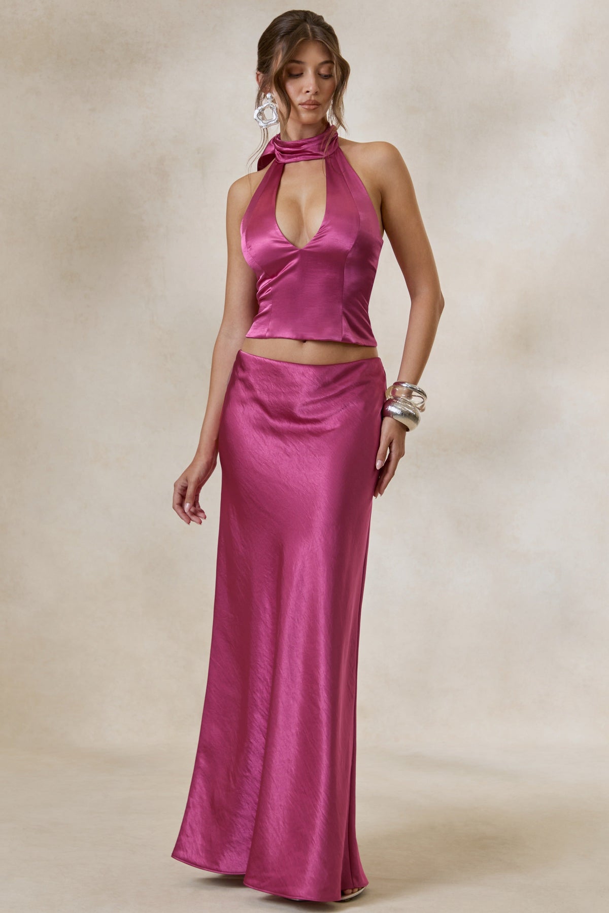 Lareina | Jupe longue en satin rose fuchsia