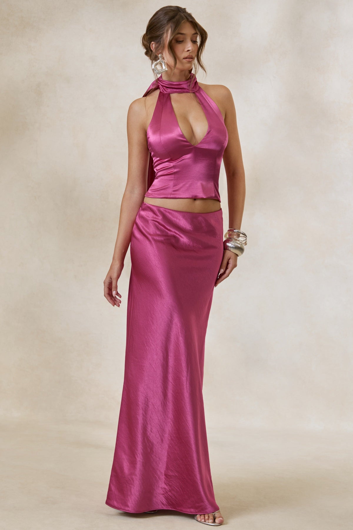 Lareina | Jupe longue en satin rose fuchsia