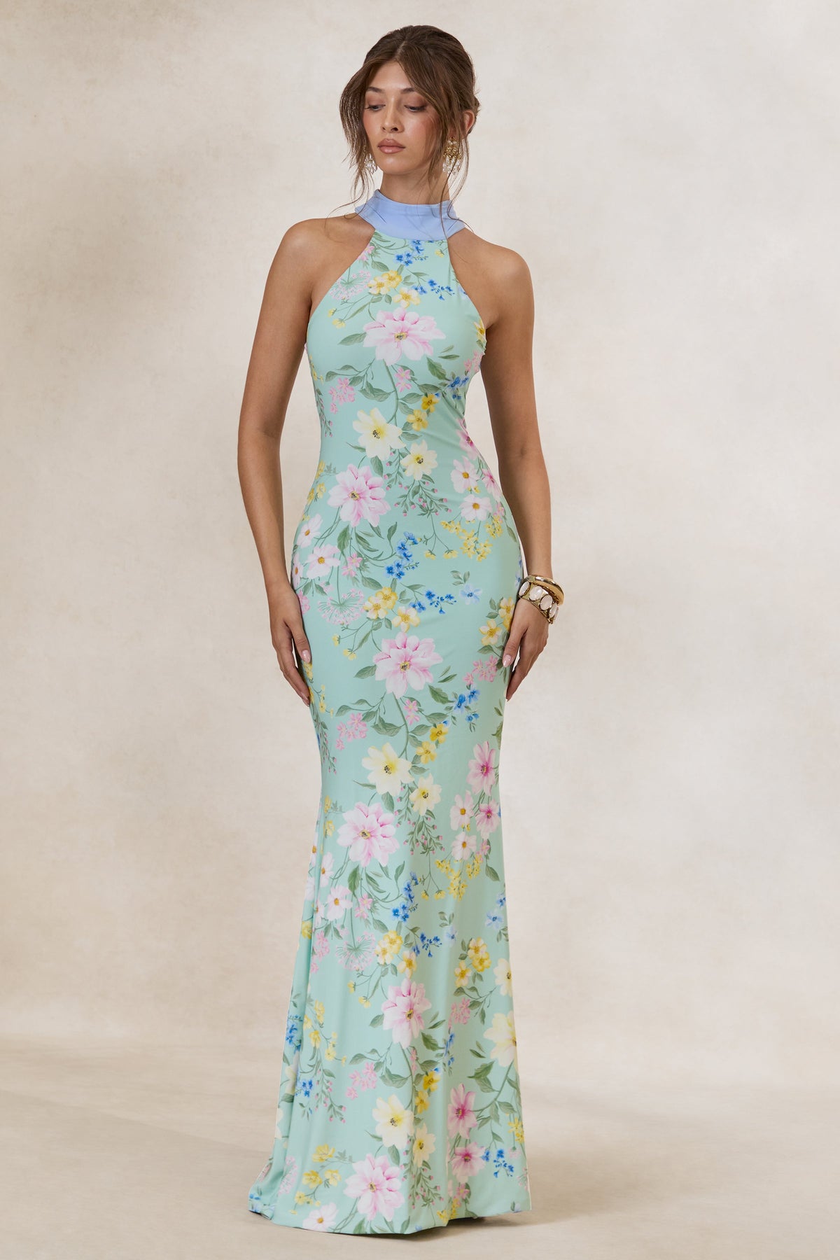 Inarah | Robe longue à col montant et détail écharpe à imprimé floral vert menthe