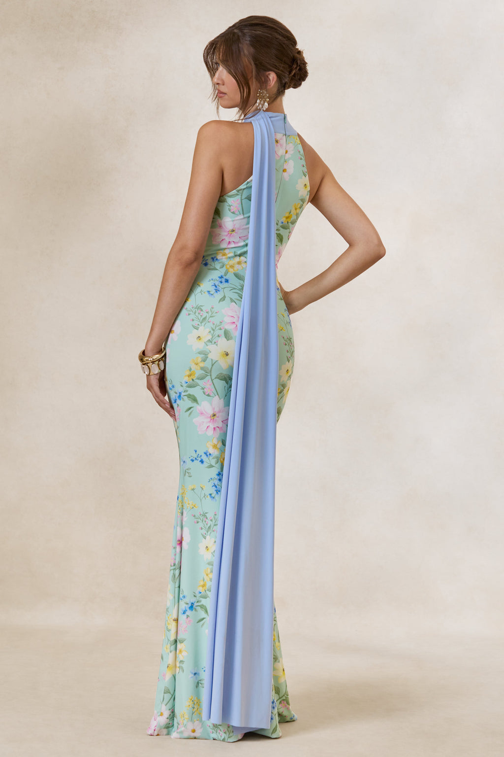 Inarah | Robe longue à col montant et détail écharpe à imprimé floral vert menthe