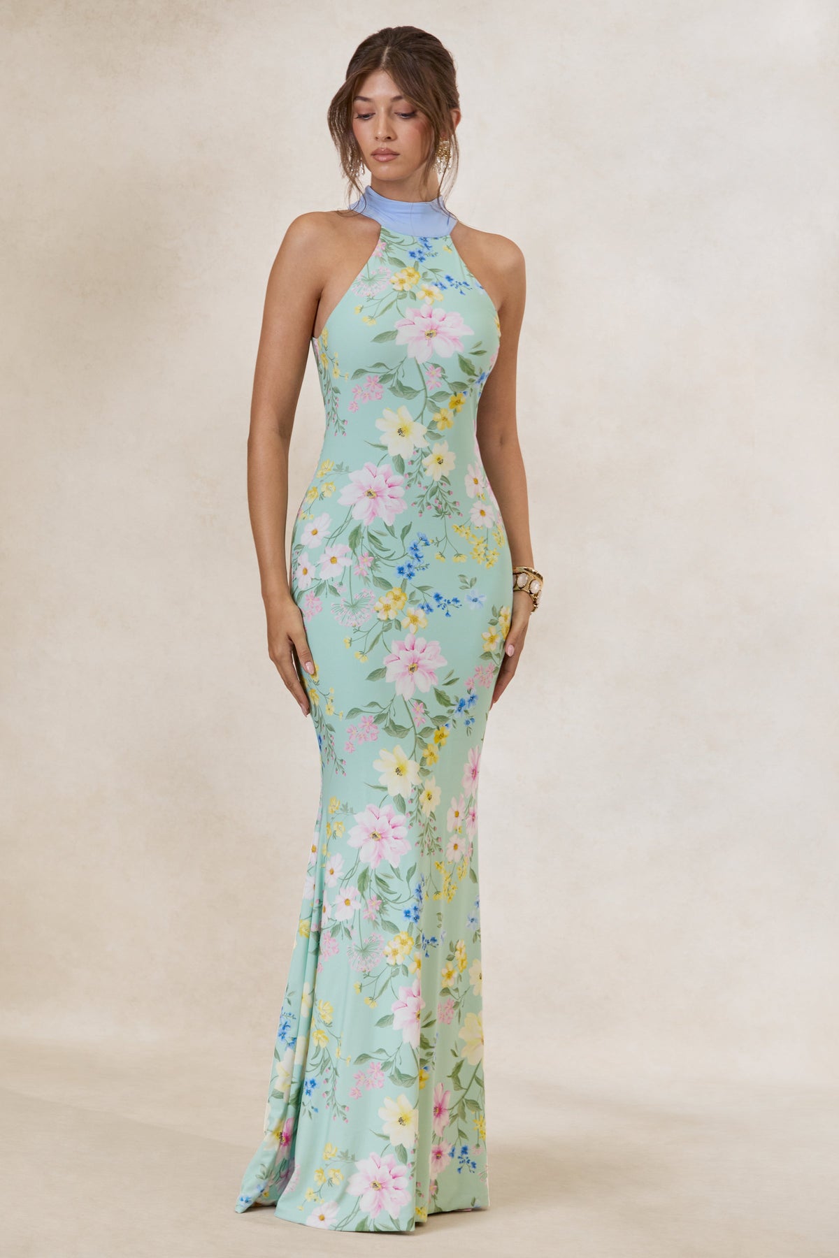 Inarah | Robe longue à col montant et détail écharpe à imprimé floral vert menthe