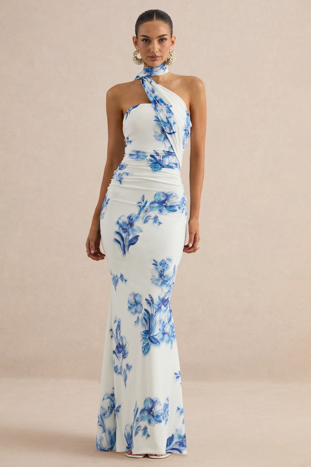 Iraida | Robe longue à imprimé floral bleu à col montant avec détail écharpe
