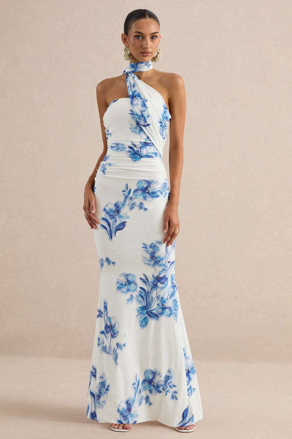 Iraida | Robe longue à imprimé floral bleu à col montant avec détail écharpe