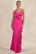 Marcelina | Robe longue en satin rose fuchsia à encolure en V avec détails volantés