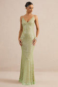 Minna | Robe longue vert sauge à sequins transparents avec décolleté plongeant