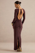 Lucina | Robe longue marron à col en V avec détails froncés